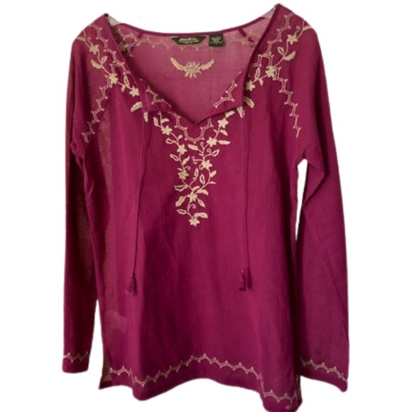 Eddie Bauer Boho Hippie 100% Cotton Gauze Embroidered Top Raspberry/Wheat - S - Picture 1 of 7